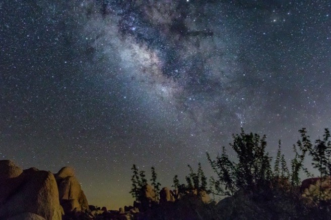 Night sky photo of the Milky Way over the desert in Joshua Tree National Park