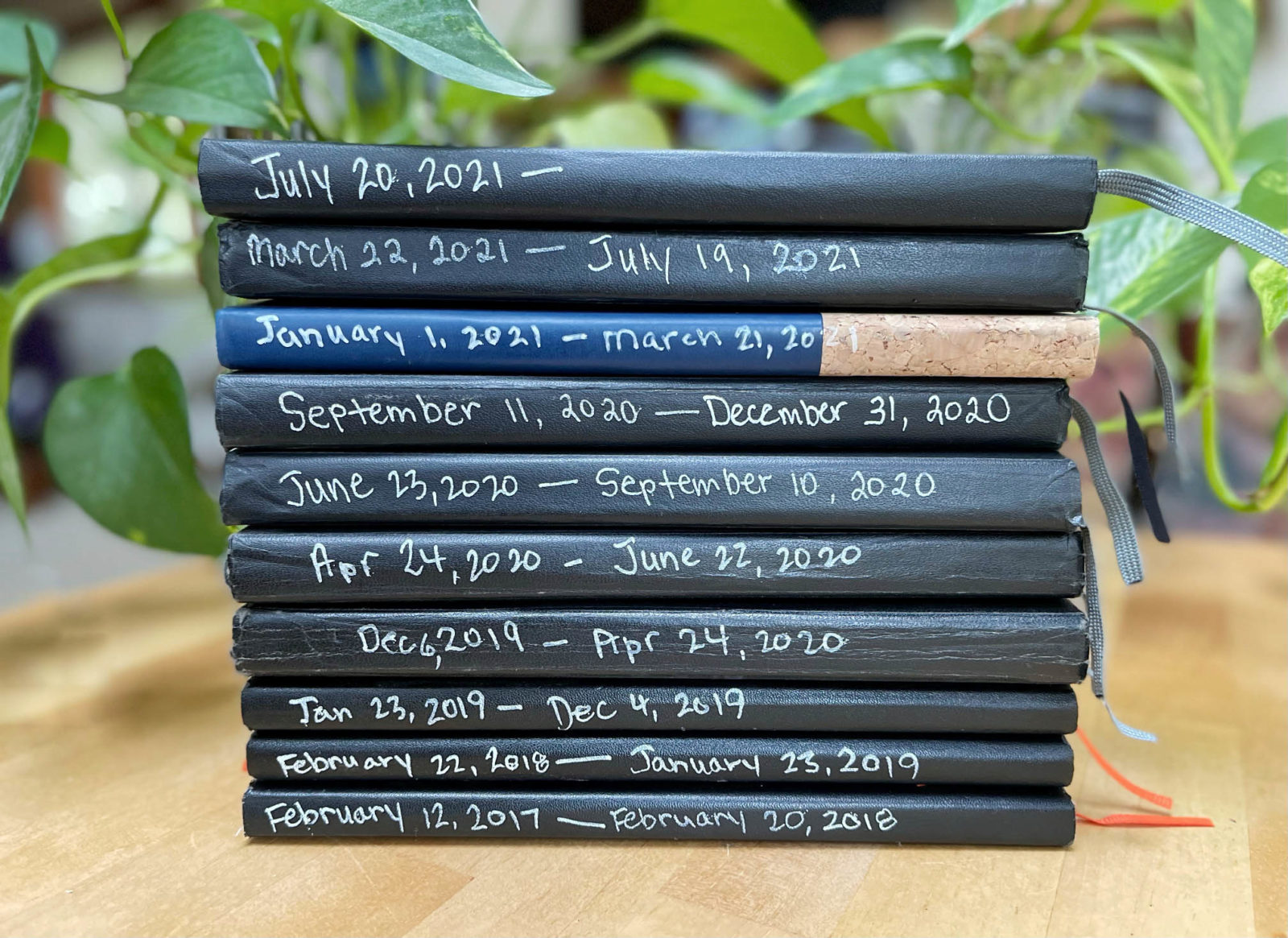 Stack of journals with spines showing dates