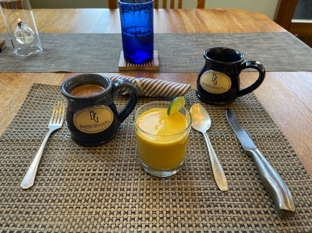One of the best places to stay in Mendocino, the Brewery Gulch Inn Breakfast Specialties include Belgian Hot Chocolate and mango coulis