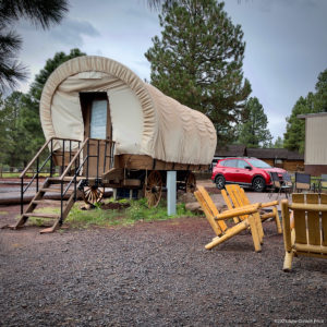 Glamping in covered wagon KOA campground Williams AZ