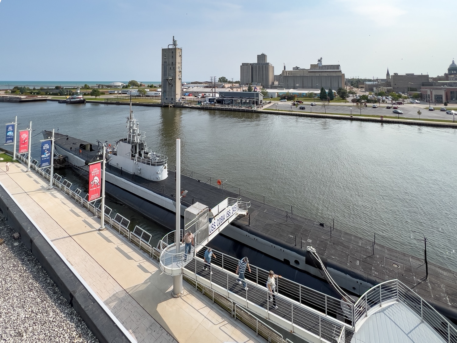 Manitowoc USS Cobia at the Wisconsin Maritime Museum and The Wharf Restaurant across the river