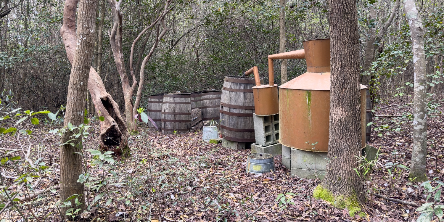 History of moonshine still in the woods at Broadslab