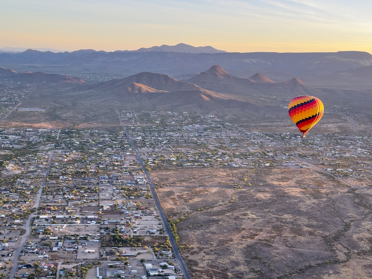 Striped hot air balloon over Phoenix