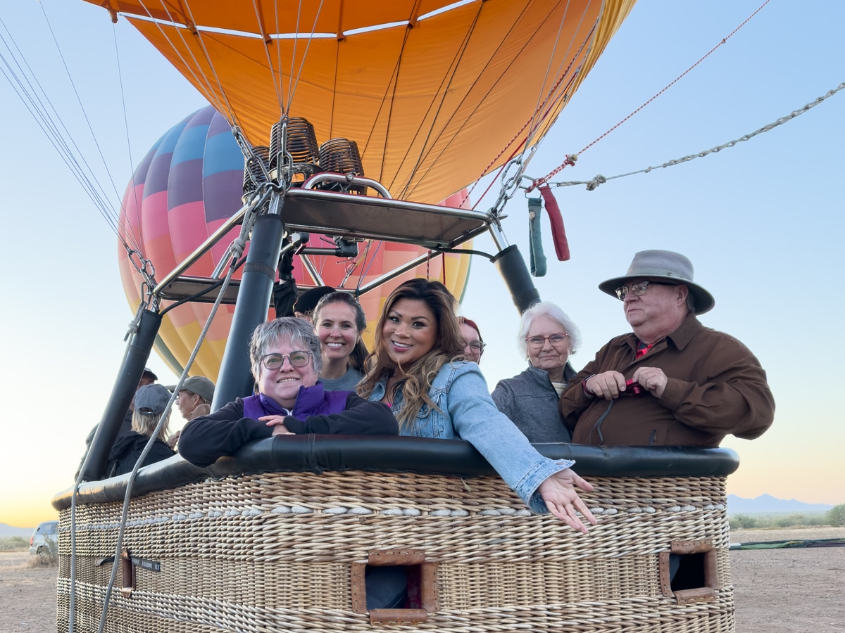 Hot air balloon ride passengers before liftoff