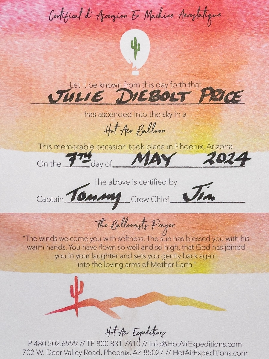 Hot Air Balloon Ride Certificate