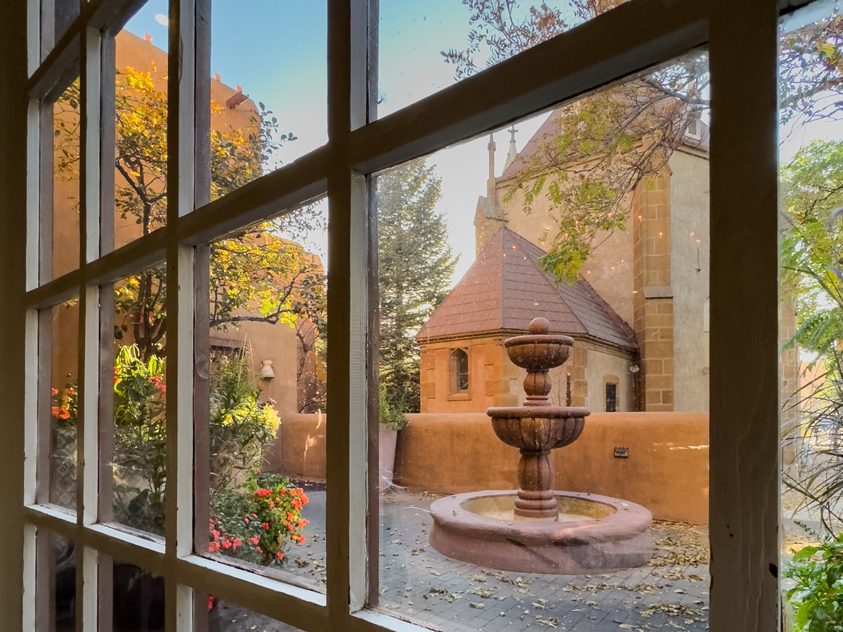 Dining room courtyard view and Loretto Chapel