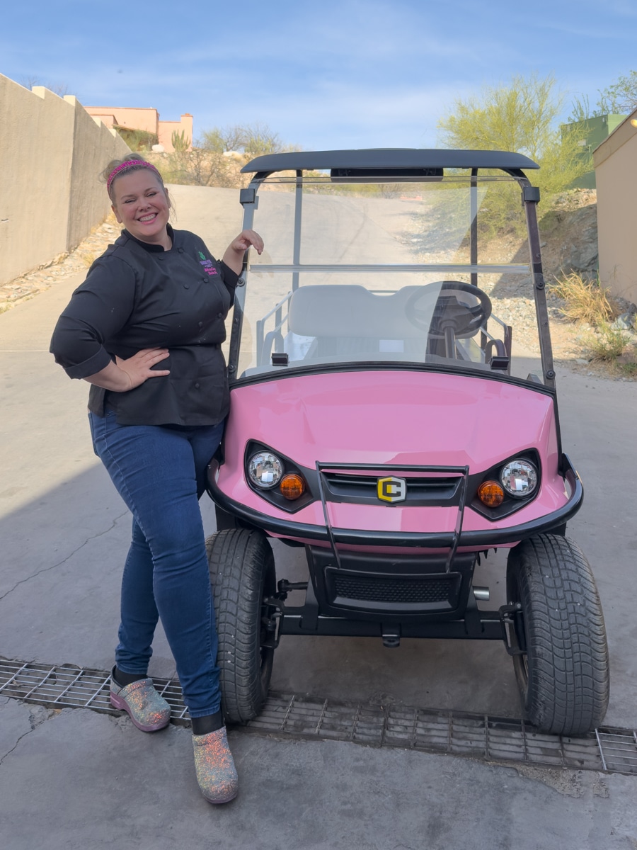 Chef Mac with Princess–the golf cart painted especially for her at Tanque Verde Ranch