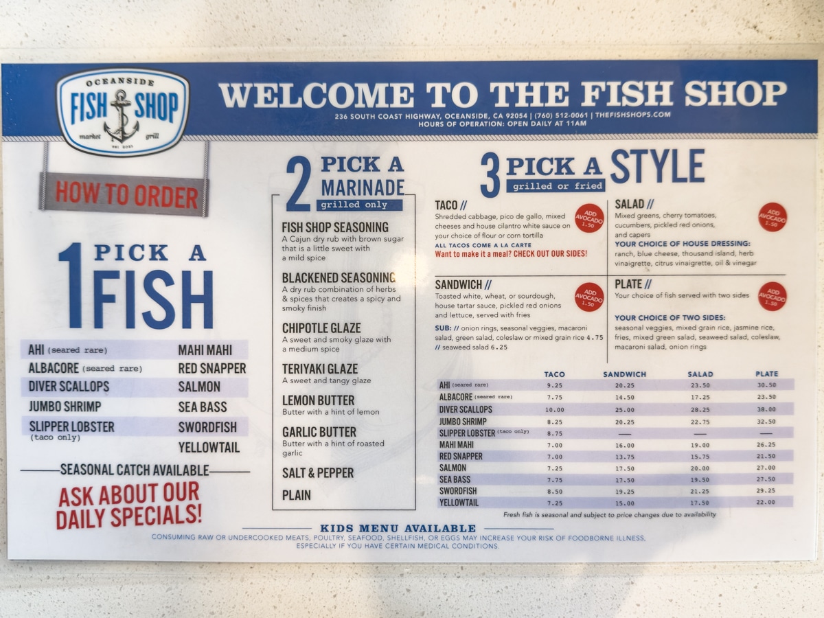 Best places to eat in Oceanside - The Fish Shop menu.