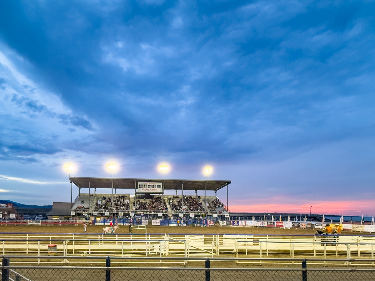Cody Wyoming Stampede viewing stands at sunset