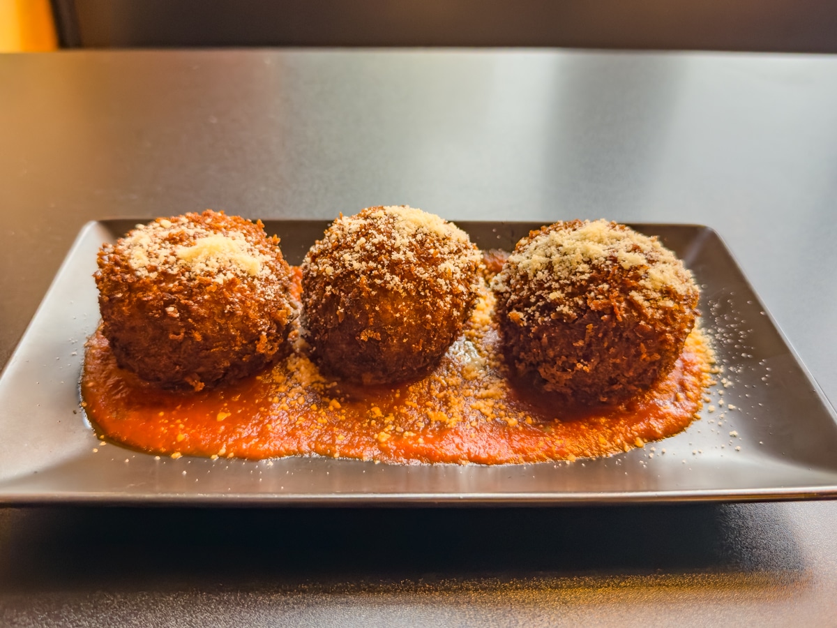 Three arancici balls in red sauce at Enbar in Great Falls, Montana