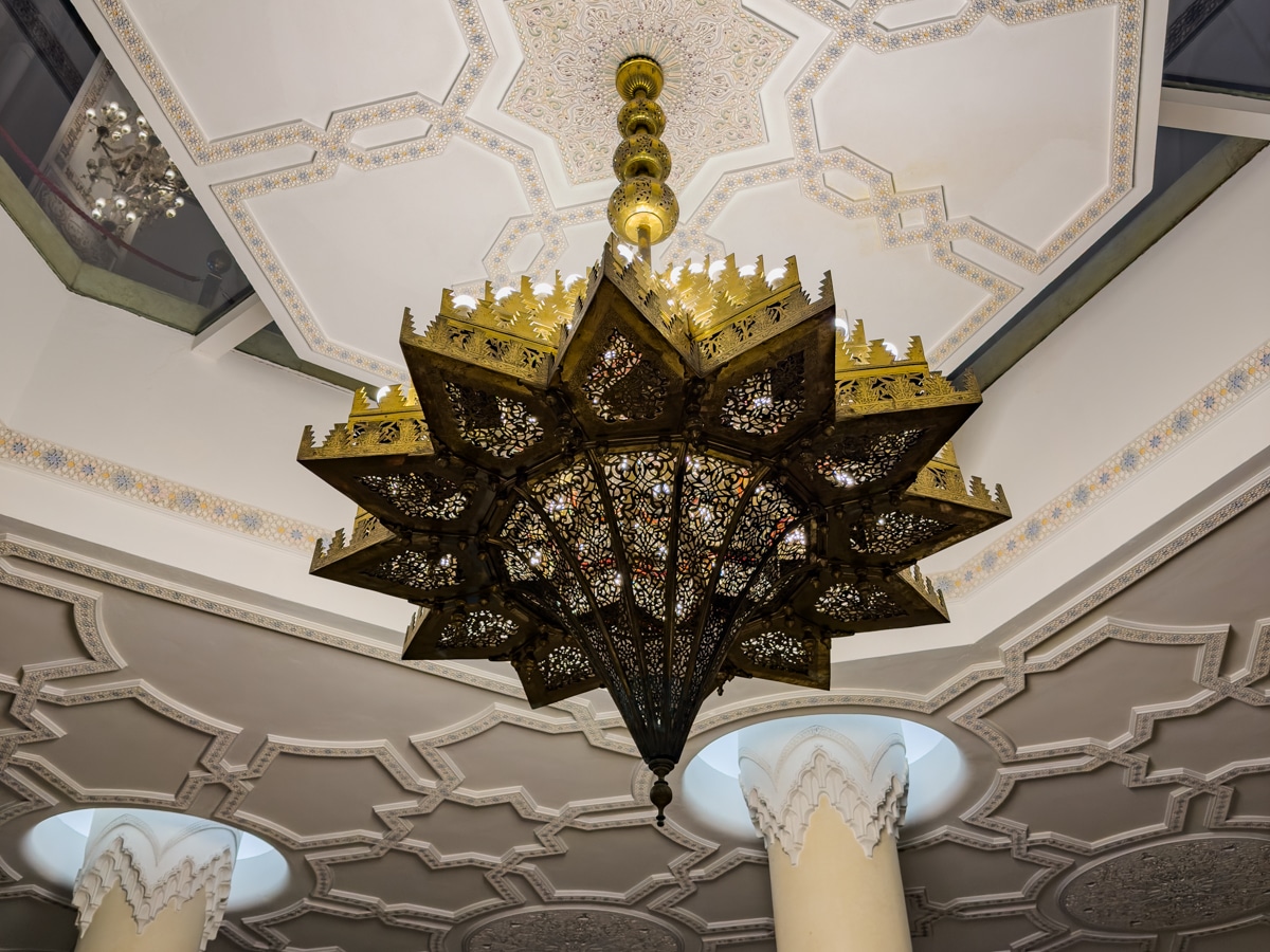 Brass chandelier inside the Hassan II Mosque.