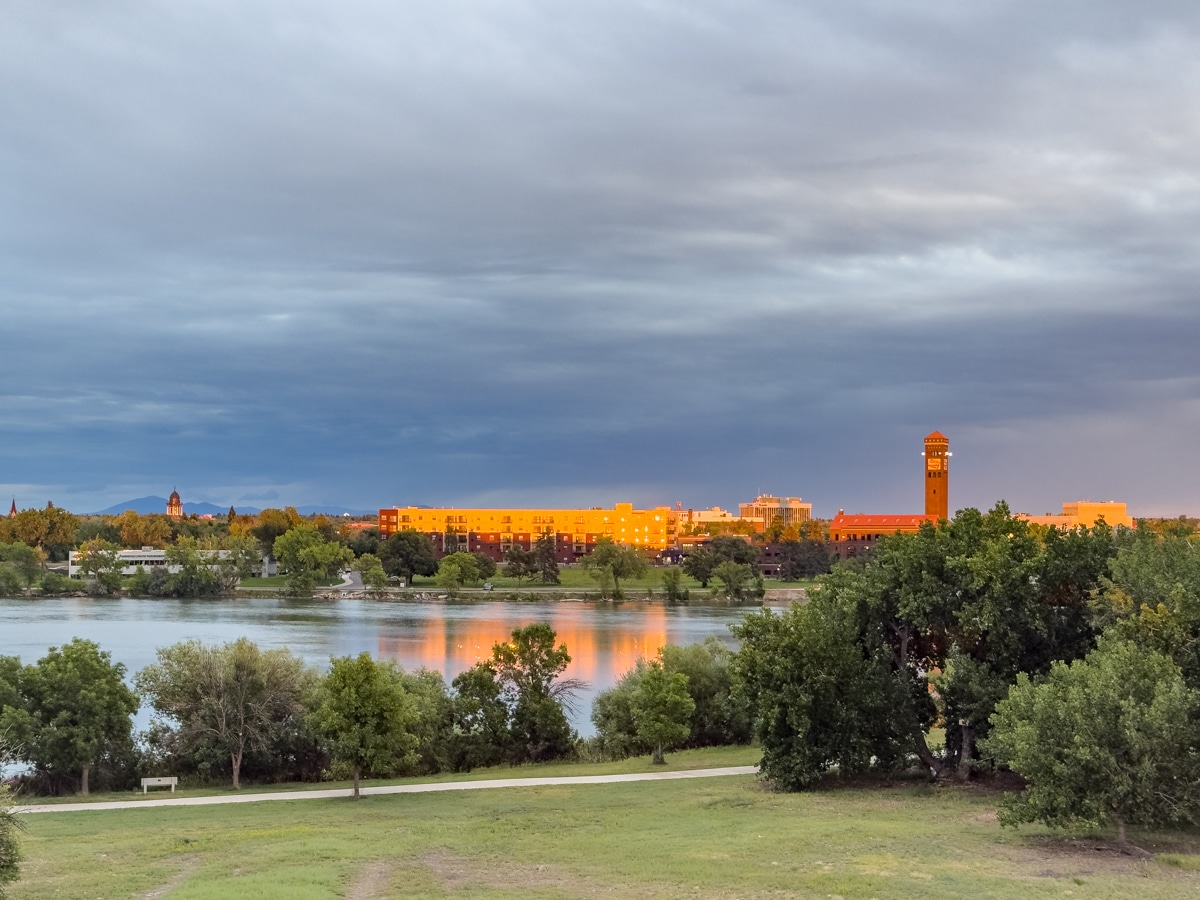 The Station District over the Missouri River and River's Edge Trail.