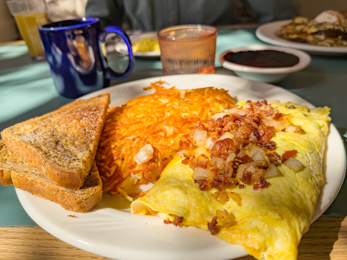 Sweet Walla Walla onions decorate the breakfast omelet at Clarette's