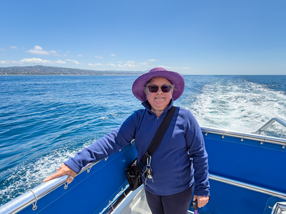 Author riding the waves in the Dana Wharf catamaran